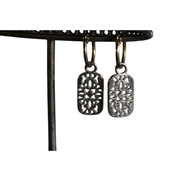 Vintage Gold & Silver Rectangular Dangle Earrings With Filigree Design - Picture 3 of 6